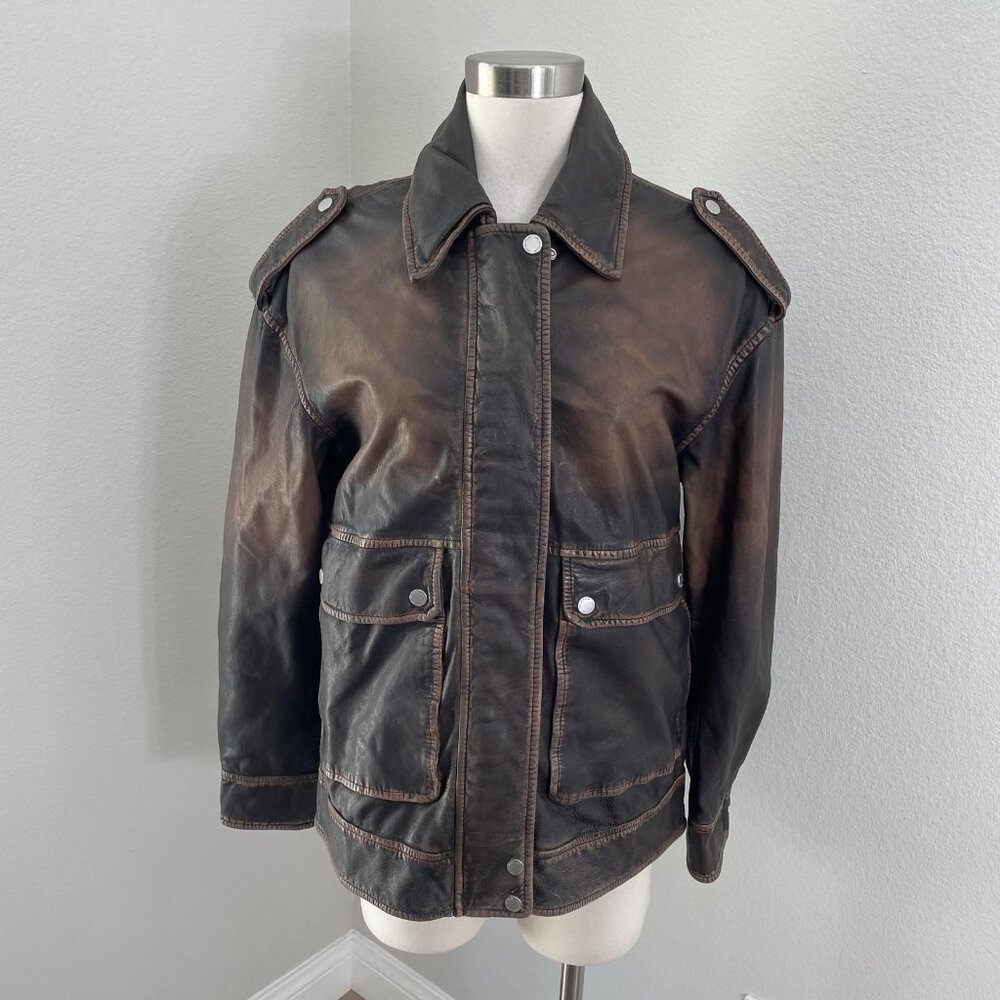 NEW Avec Les Filles Womens XS Vintage‎ Wash Genuine Leather Aviator Jacket